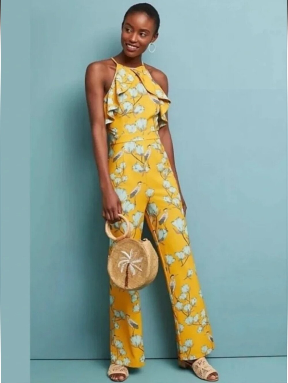 Anthropologie Varun Bahl Warbler Crane Floral Ruffle Jumpsuit | Vibrant Mustard